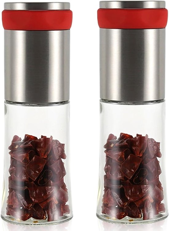Chilisnijder set van 2, 150 ml, roestvrij staal en glas, handmatige kruidenmolen voor grove specerijen, eenvoudig schoon te maken en ideaal voor de keuken van Merkloos