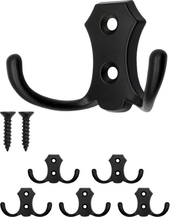Classic Wardrobe Hooks Double Hooks Kitchen Hooks Iron Design Set of 5 - Black van Merkloos