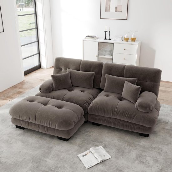 Cloud Chenille 2-zits hoekbank met voetenbank en kussens, modulaire woonkamer bank met brede armleuningen, diepe zitting, zachte bekleding, moderne L-sofa voor woonkamer, appartement, bruin