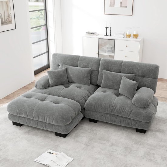 Cloud Chenille 2-zits hoekbank met voetenbank en kussens, modulaire woonkamer bank met brede armleuningen, diepe zitting, zachte bekleding, moderne L-sofa voor woonkamer, appartement, grijs