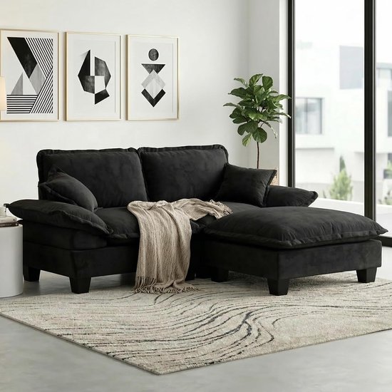 Cloud Sofa Modulaire L-vormige hoekcanapé van chenille Modern designbank met 2 kussens voor salon en appartement 2 zits + 1 (zwart, 2 zits + 1)