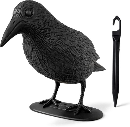 com-four com-four® duivenverjager kraai – kunststof vogelafschrikker – afweer voor balkon, tuin en terras – realistische lokvogel met voet ca. 30 cm (1 stuk - Zwarte Raaf)