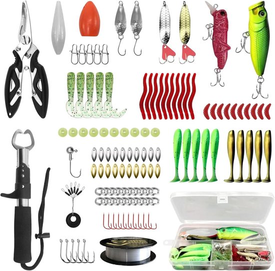 Complete 117-delige Visaas Set met Nylon Draad, Tangen en Doos - Premium Aas voor Zoet- en Zoutwater, Rubber Aas, Wobblers en Spinners voor Snoek, Baars en Zander, Perfect voor Beginners en Ervaren Vissers