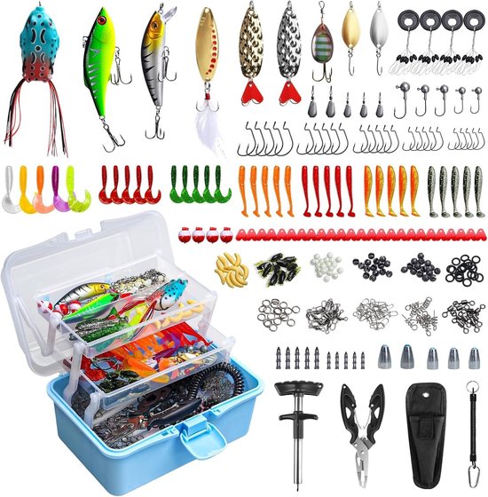 Complete 315-delige visaas set met tangen en haakverwijderaar, compacte 3-laagse organizer, ideaal voor vissers, beginners en kinderen, perfect als cadeau voor visliefhebbers