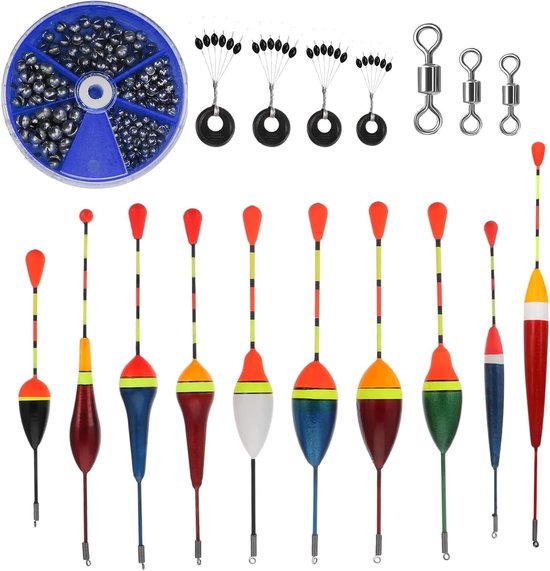 Complete dobber set met 10 dobbers, loodgewichten, cilindrische spacers en clips voor het vissen in meren van Merkloos