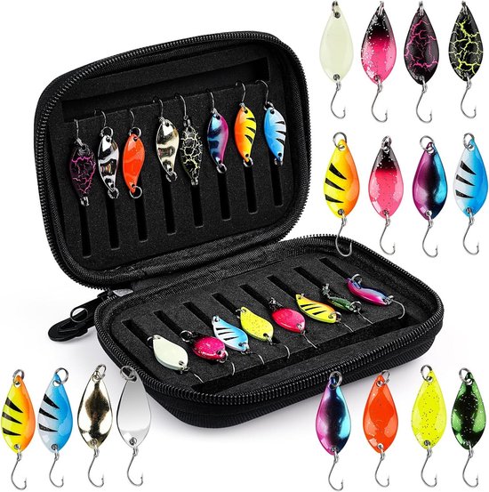 Complete Forellepelset met 16 stuks in diverse gewichten, ideaal voor forel, snoek en baars, inclusief opbergdoos en paillettenaas van Merkloos