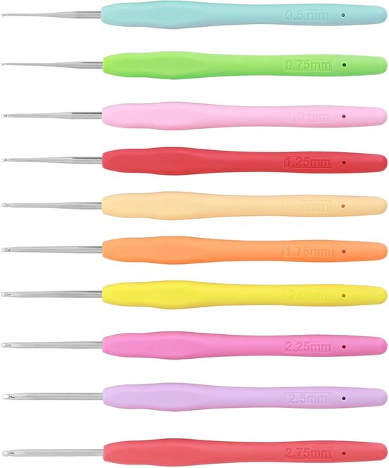 Complete Haaknaalden Set met 10 Maten, Ergonomische Grip en Aluminium Naalden voor Beginners en Liefhebbers van Haken (0.5mm-2.75mm)