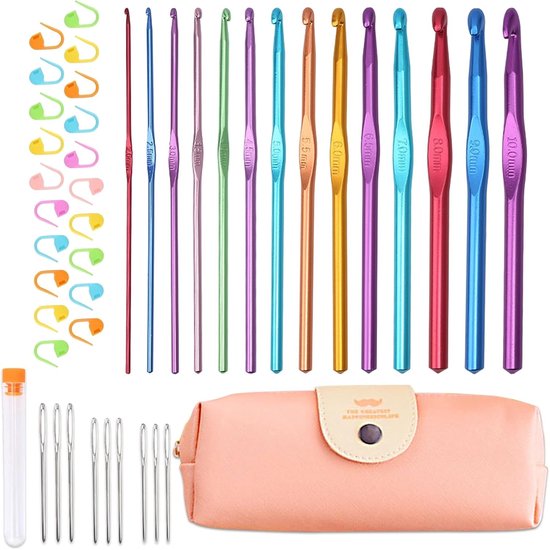 Complete Haaknaalden Set met 14 Haaknaalden, 20 Haakmarkeerders en 9 Wolnaalden voor Beginners, Ergonomisch Ontwerp, Ideaal voor Breien en Handwerken, Diverse Maten van 2-10mm