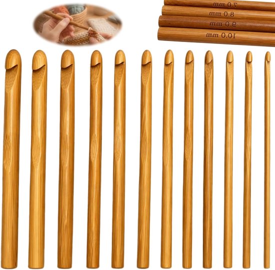 Complete Haaknaalden Set van 12 Stuks - Bamboe Haaknaalden voor Handwerken, Comfortabel Grip voor Beginners en Gevorderden, Geschikt voor Wol, Katoen en Zijde