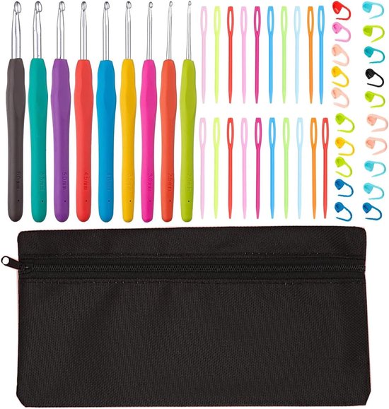 Complete Haaknaalden Set van 50 Stuks met Ergonomische Grip, 9 Maten (2mm-6mm), Inclusief Mesh Markers en Haakgereedschap voor Beginners en Mensen met Gewrichtsproblemen