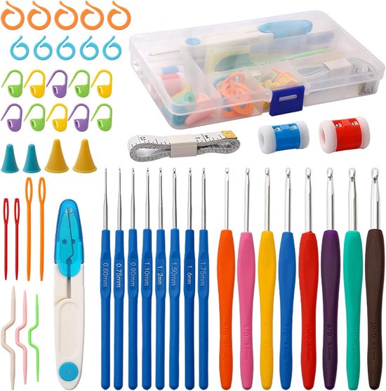 Complete Haaknaalden Set van 53 Stuks met Kleurige Ergonomische Handgrepen - Ideaal voor Beginners en Volwassenen, Perfect voor Haken en Breien