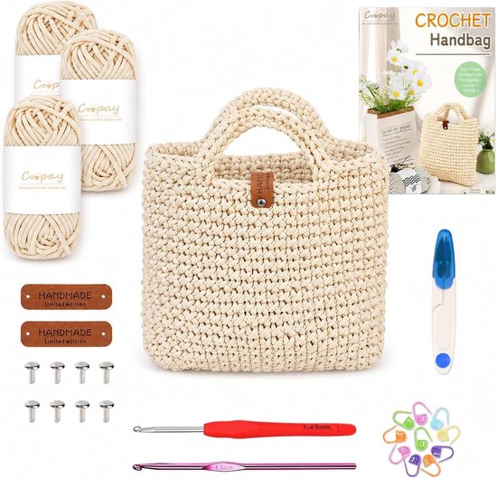 Complete haakset met 2 haaknaalden, handleiding en 3 bollen dikke beige wol voor creatieve projecten
