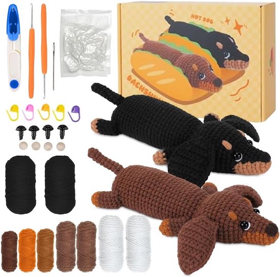 Complete Haakset voor Beginners - 2 Dierenfiguren, Haakpatronen voor Teckels, DIY Haakproject met Handleiding van Merkloos