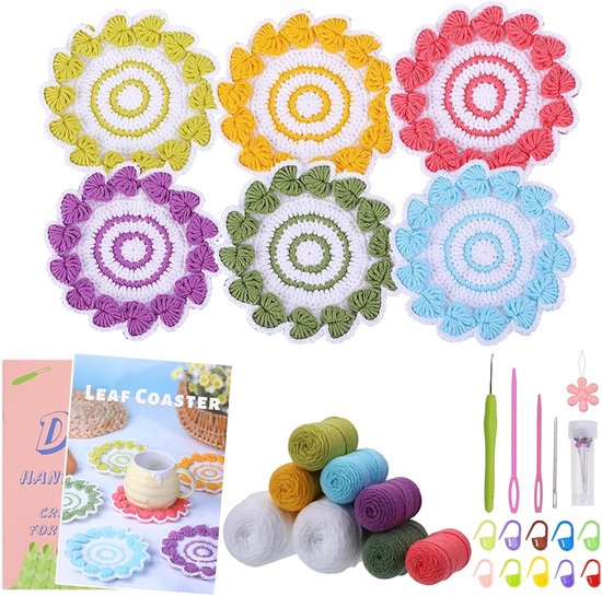 Complete haakset voor beginners - 6-delige set met instructies, rond onderzetters, ideaal voor volwassenen en kinderen, perfect als cadeau en voor creatieve projecten.