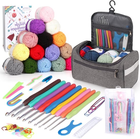 Complete Haakset voor Beginners met 15 Bollen Wol, Ergonomische Haaknaalden en Accessoires, Ideaal voor Creatieve Projecten en Handwerken in Lichtgrijs van Merkloos