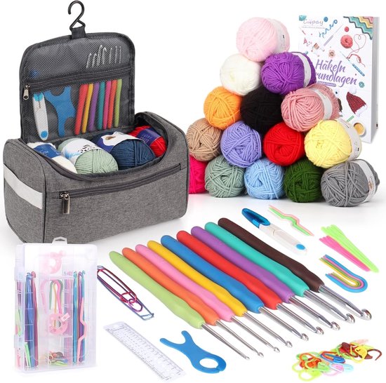 Complete Haakset voor Beginners met 15 Bollen Wol, Ergonomische Haaknaalden en Accessoires, Ideaal voor Creatieve Projecten in Lichtgrijs