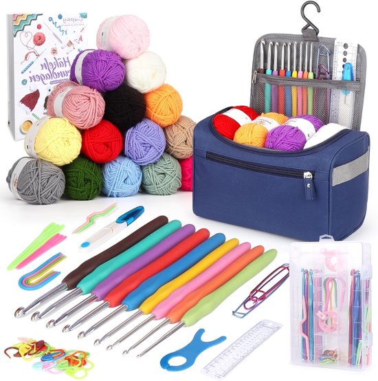 Complete Haakset voor Beginners met 15 Haaknaalden, Ergonomische Grip, Wol Tas en Accessoires - Perfecte Cadeau voor Creatieve Hobbyisten