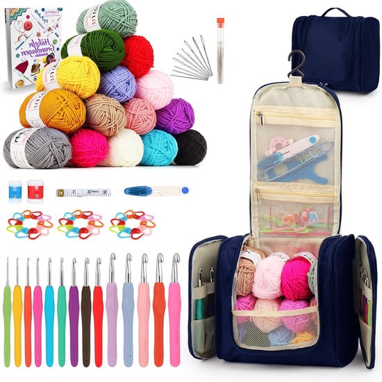 Complete Haakset voor Beginners met 15 Kleuren Wol, Ergonomische Haaknaalden, Draagbare Tas en Accessoires, 2-10 mm van Merkloos