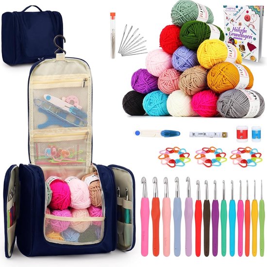 Complete Haakset voor Beginners met 15 Wolkleuren, Ergonomische Haaknaalden en Accessoires in Draagtas, 2-10 mm