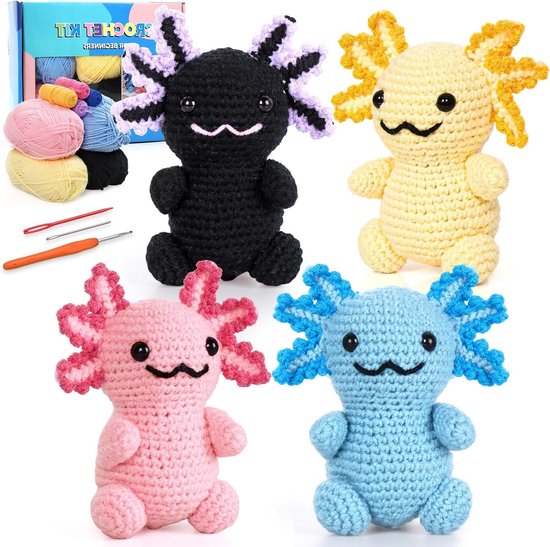 Complete Haakset voor Beginners met 4 Axolotl Amigurumi Figuren en Stapsgewijze Video Tutorials voor Creatieve Hakers