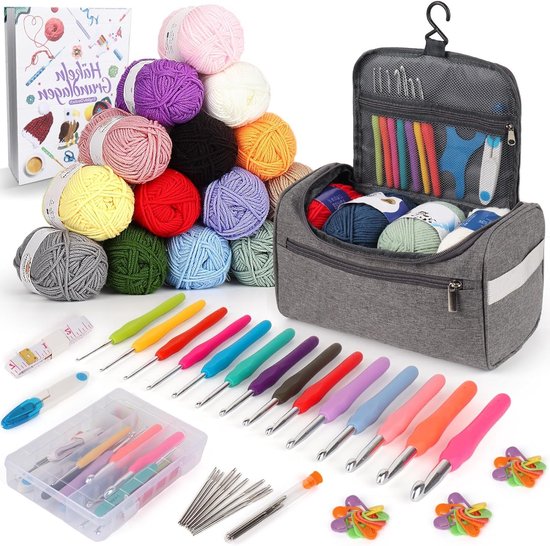 Complete Haakset voor Beginners met 73 Stukken, Ergonomische Haaknaalden, Wol en Accessoires, Ideaal voor Creatieve Projecten en Handwerken van Merkloos
