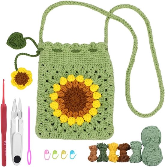 Complete Haakset voor Beginners - Zonnebloem Telefoon Tas - Stap-voor-Stap Video Tutorials, Amigurumi en 3D Breien Kits van Merkloos