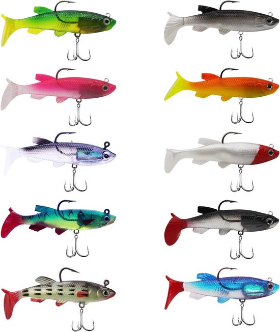 Complete Set van 10 Stuks Rubber Vissen Lures met Jigkoppen voor Zoet- en Zoutwater, Perfect voor Baars en Tilapia van Merkloos