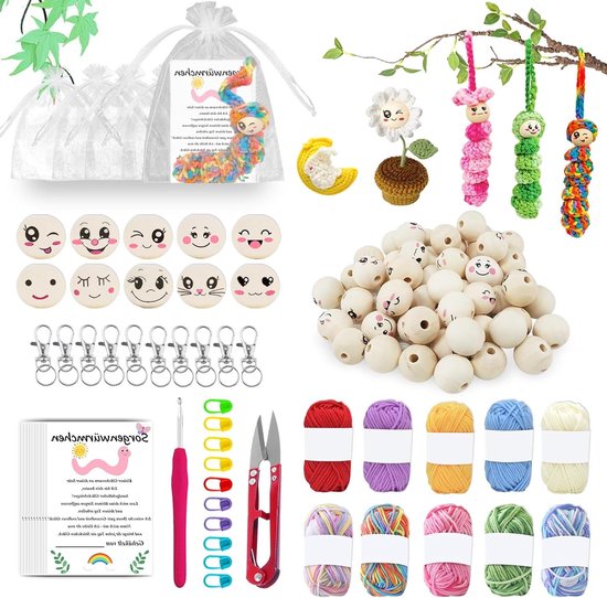 Complete Set van 102 Stuks Sorgenwürmchen Haakjes met 50 Houten Ballen, Breinaalden, Sleutelhanger en Opbergzak voor Creatief Knutselen en Haken voor Beginners van Merkloos