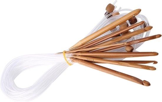 Complete Set van 12 Gecharcoalde Bamboe Haaknaalden voor Tunesisch Haken met Plastic Kabel en Diverse Maten voor Optimale Projectflexibiliteit