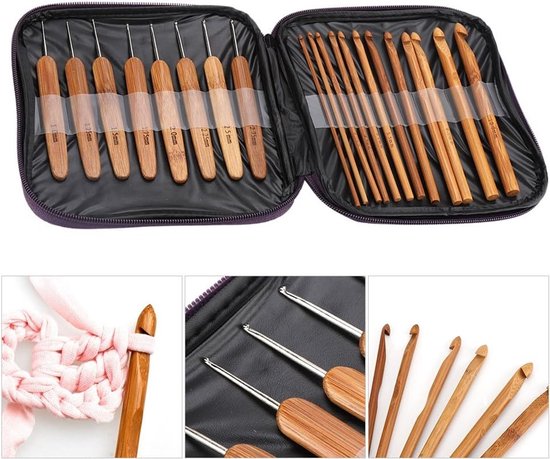 Complete Set van 20 Bamboe Haaknaalden met Ergonomisch Handvat en Opbergzak voor Gezellig Haken met Familie en Vrienden