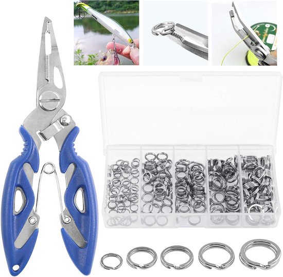 Complete Set van 201 RVS Vissen Splitringen met 5 Maten, Hoogwaardige Lure Connector Kit met Vissers Tang en Haakverwijderaar voor Zoet- en Zoutwater Visserij