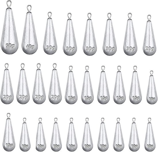 Complete Set van 28 Stuks Vissersgewichten - Herbruikbare Lood Gewichten voor Zout- en Zoetwater, Diverse Rotatiesinkers van 10g tot 50g voor Effectief Vissen