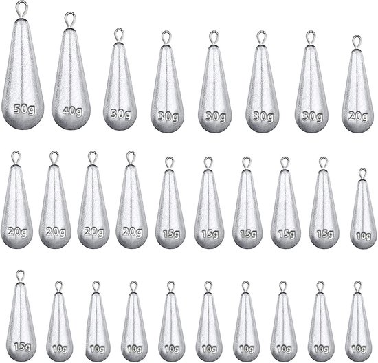 Complete Set van 28 Stuks Vistuig Gewichten - Herbruikbare Lood Gewichten voor Zoet- en Zoutwater, Diverse Formaten 10g/15g/20g/30g/40g/50g