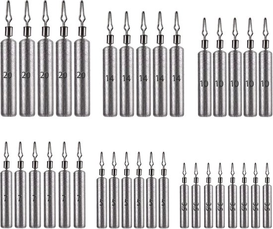 Complete Set van 35 Vissen Gewichten en Accessoires, Lead Sinkers van 3.5 tot 20 g voor Drop Shot Techniek en Effectief Vissen
