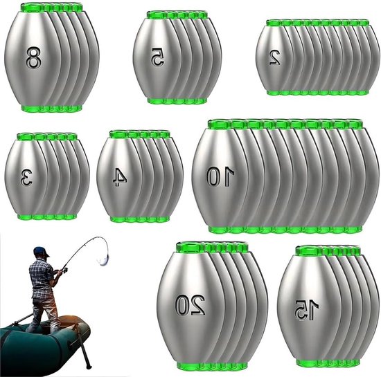 Complete Set van 50 Stuks Vissersloodjes, Herbruikbare en Corrosiebestendige Gewichten voor Zee- en Surfvisserij, 2g-20g, Ideaal voor Professionele en Hobbyvissers