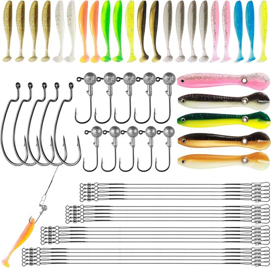 Complete Set van 62 Stuks Rubber Aas met Jigkoppen, Offset Haken en Stalen Leiders - Kunstmatig Aas voor Snoek, Zander, Baars en Forel van 100/70mm T-Tail
