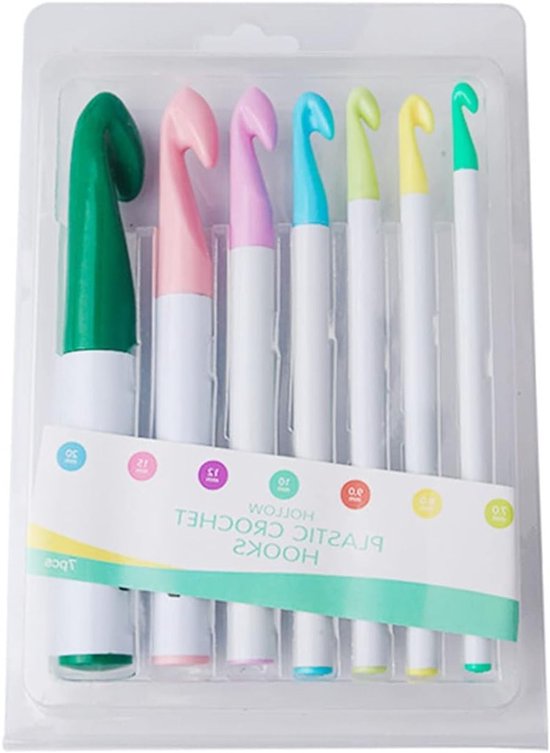 Complete set van 7 plastic haaknaalden voor beginners - Ideaal voor breien, haken en naaien met verschillende maten 7mm tot 20mm van Merkloos