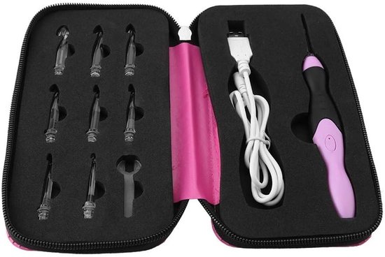 Complete set van 9 in 1 oplaadbare haaknaalden met verlichting en accessoires in roze etui, ideaal voor haken en creatief handwerk