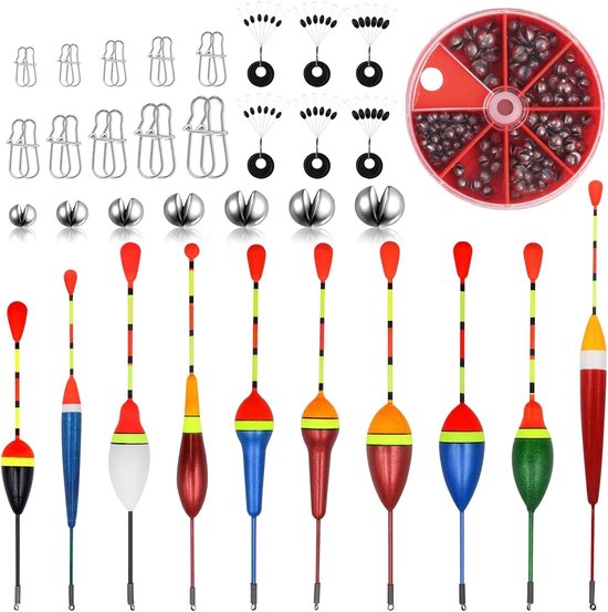 Complete Vissersset met 10 Stuks Dobbers, 54 Malletjes, 6 Rubber Stoppen en 20 Spinner Malletjes voor Effectief Vissen met Diverse Gewichten