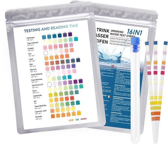 Complete Waterkwaliteit Testset, 16-in-1 Teststrips voor Drinkwater, Analyse van Hardheid, Lood en Koper, 50 Stuks voor Betrouwbare Resultaten