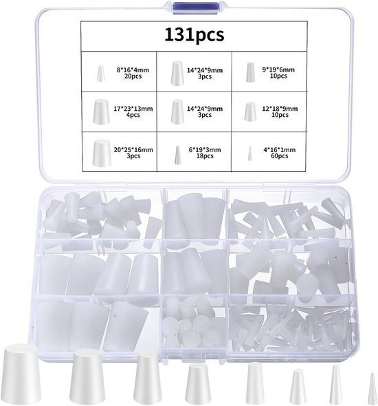 Conische witte rubberen stops - 131-delig assortiment van siliconen stoppers voor het afsluiten van gaten tijdens poedercoating, ideaal voor hobby en doe-het-zelf projecten.