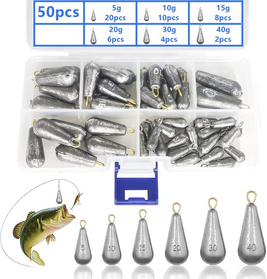 Cosensi - Pear Lead Fish - 50pcs Vissen Gewichten - Waterdruppel Vorm - Voor Buitenvisserij - Hoogwaardige Lood Gewichten - Inclusief Opbergdoos van Merkloos