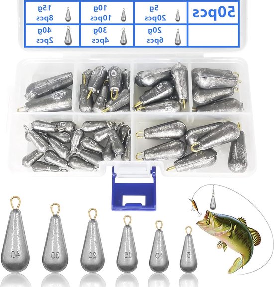 Cosensi - Perenloodvissen 50 stuks, druppelvorm, grondlood 5 g/10 g/15 g/20 g/30 g/40 g met opbergdoos voor vissen buiten en zeevissen - Duurzame visloodjes. van Merkloos