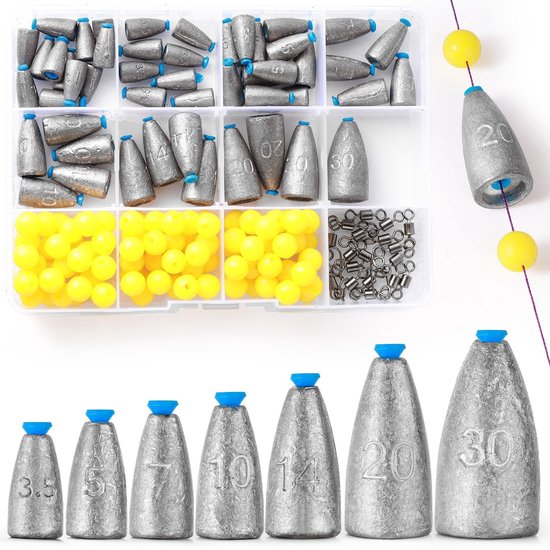 Cosensi - Sea Fishing Weights - Dropshot Gewichten - 50 Stuks - Karpers - Zeewater Vissen - Inclusief 100 Cornfish Beads en 20 Swivels
