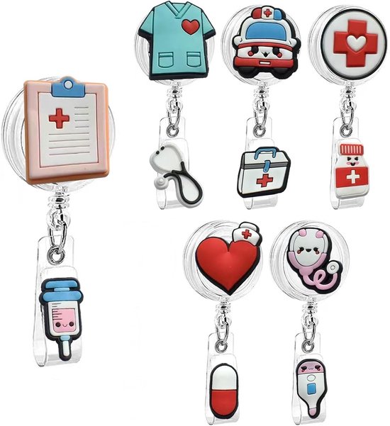 Creatieve Badge Reel Houder voor Medische Professionals - 6 Stuks met Trendy Patroons en Grappige Ontwerpen voor ID Kaarten van Verpleegkundigen en Artsen