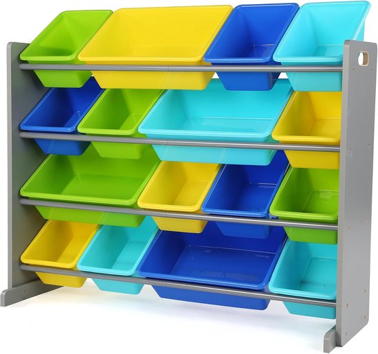 Crew Tot W420 Discover Collection Opbergdoos voor speelgoed, van hout, groot X-Large grijs/blauw/groen/geel