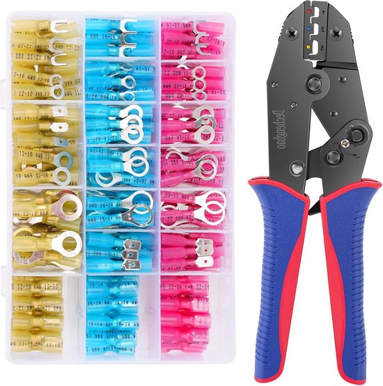 Crimp Connector Crimp Tool with 280Pcs Wire Connectors Tinned Red Copper AWG 20-10 Electric Ring Fork Spade Splitting Tool - 3 Colors 7 Size van Merkloos