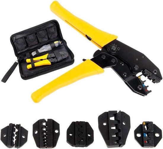 Crimping pliers with 5 interchangeable inserts for cable lugs ferrules - Includes screwdriver and tool bag van Glarks