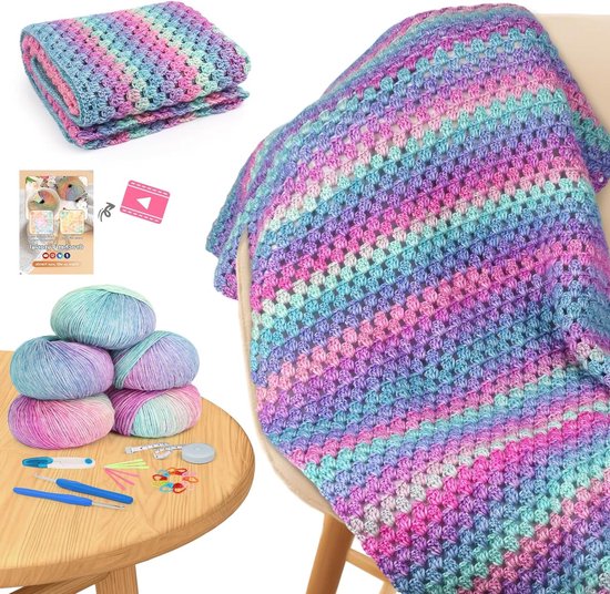 Crochet Deken Set voor Beginners - Haakproject met Kleurrijke Patronen en Accessoires