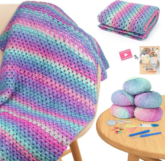 Crochet Deken Set voor Beginners - Handgemaakte Haakset met Kleurrijke Patronen en Accessoires